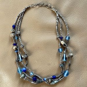 Vintage handmade beaded blue and silver 3-strand necklace